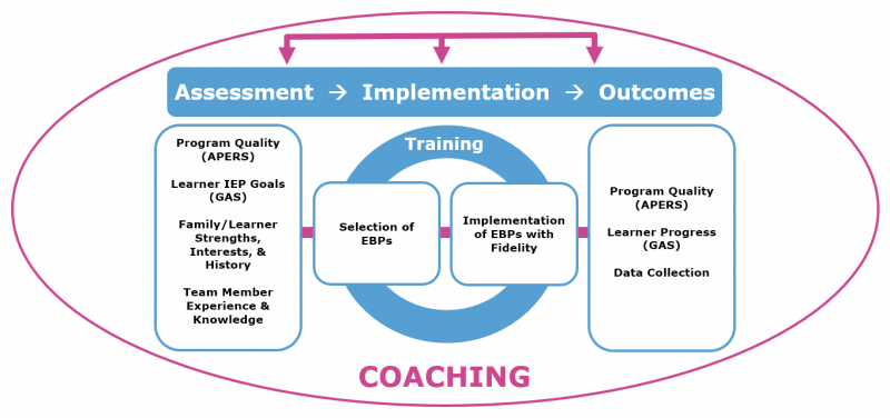NPDC Model showing the process going from Assessment to Implementation to outcomes.